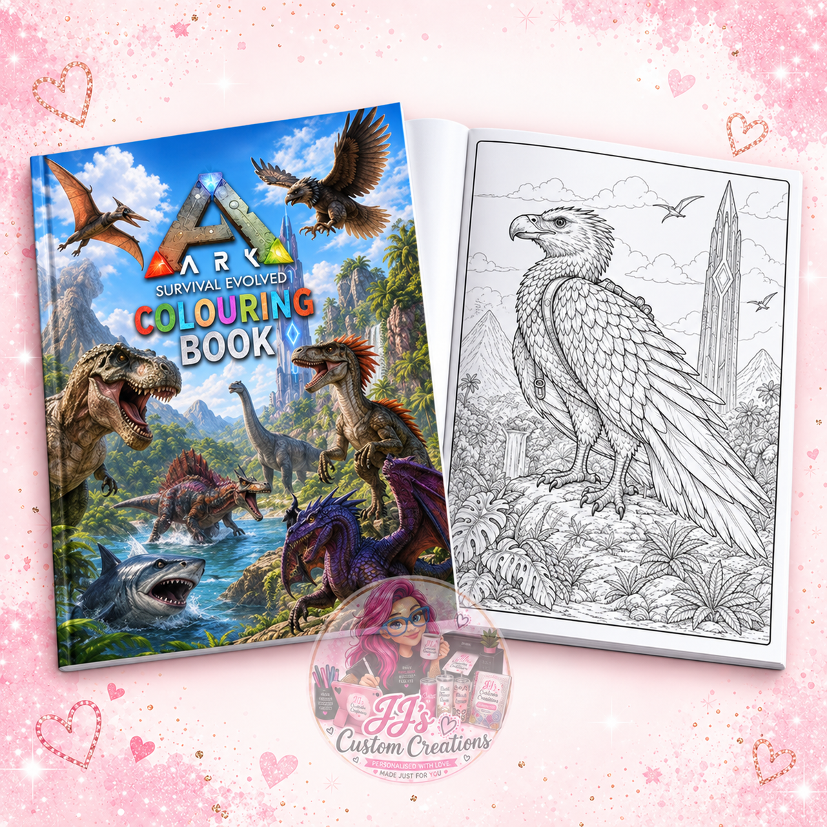ARK Survival Evolved colouring book and sample page on JJ's blush pink sparkle background