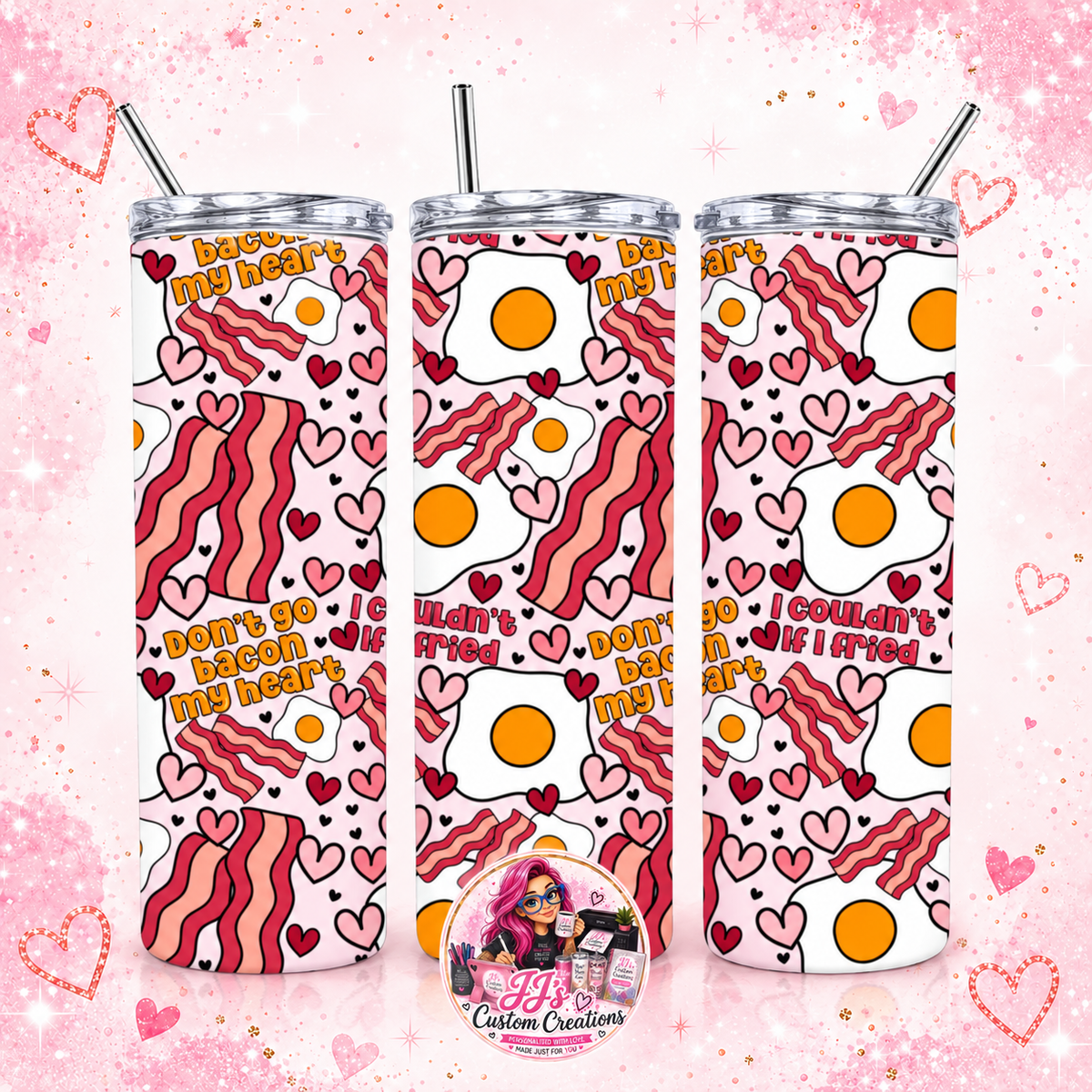 Three views of the Bacon and Eggs 20oz tumbler on a full square pink sparkle background with JJ's watermark