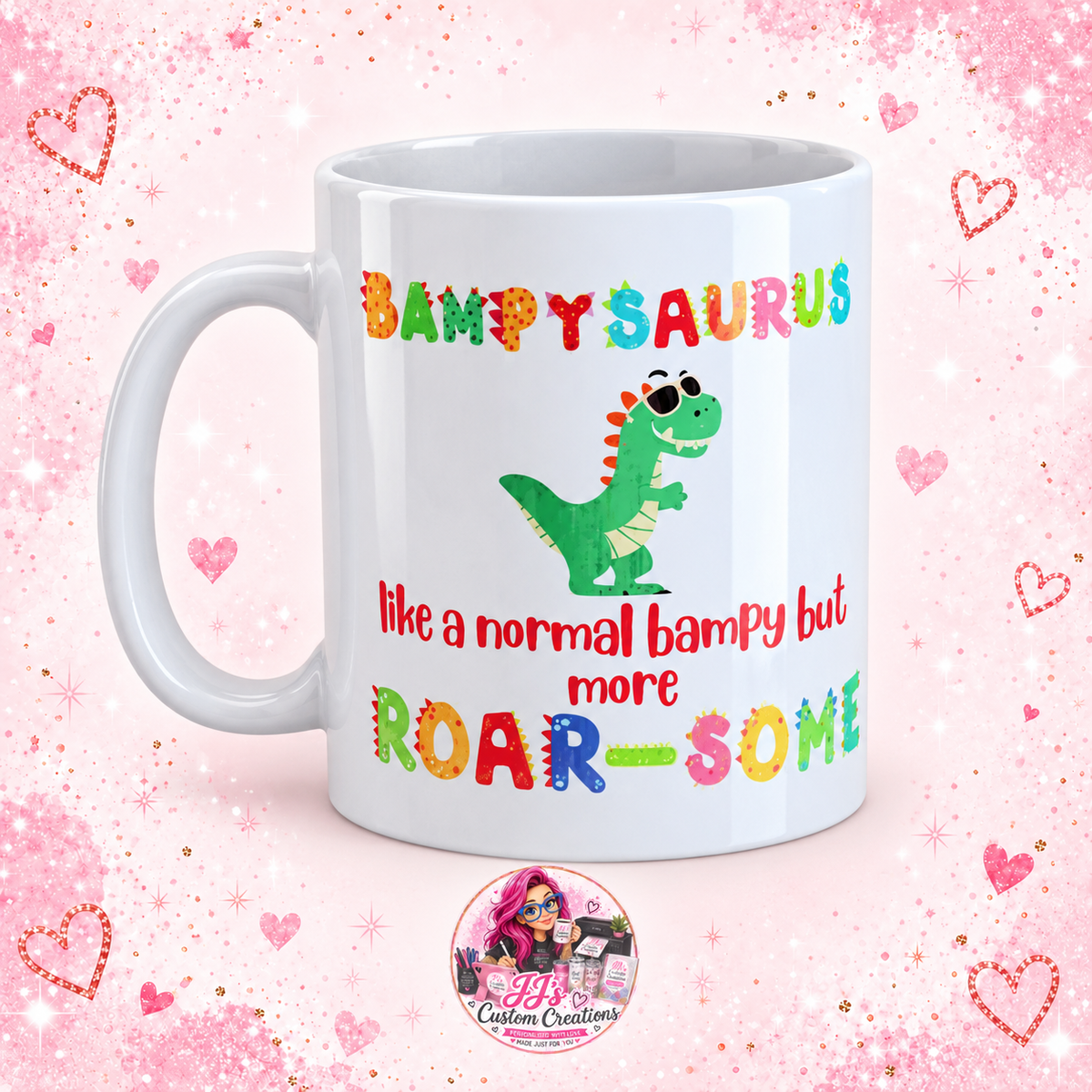White Bampysaurus mug on a full square pink sparkle background with JJ's watermark