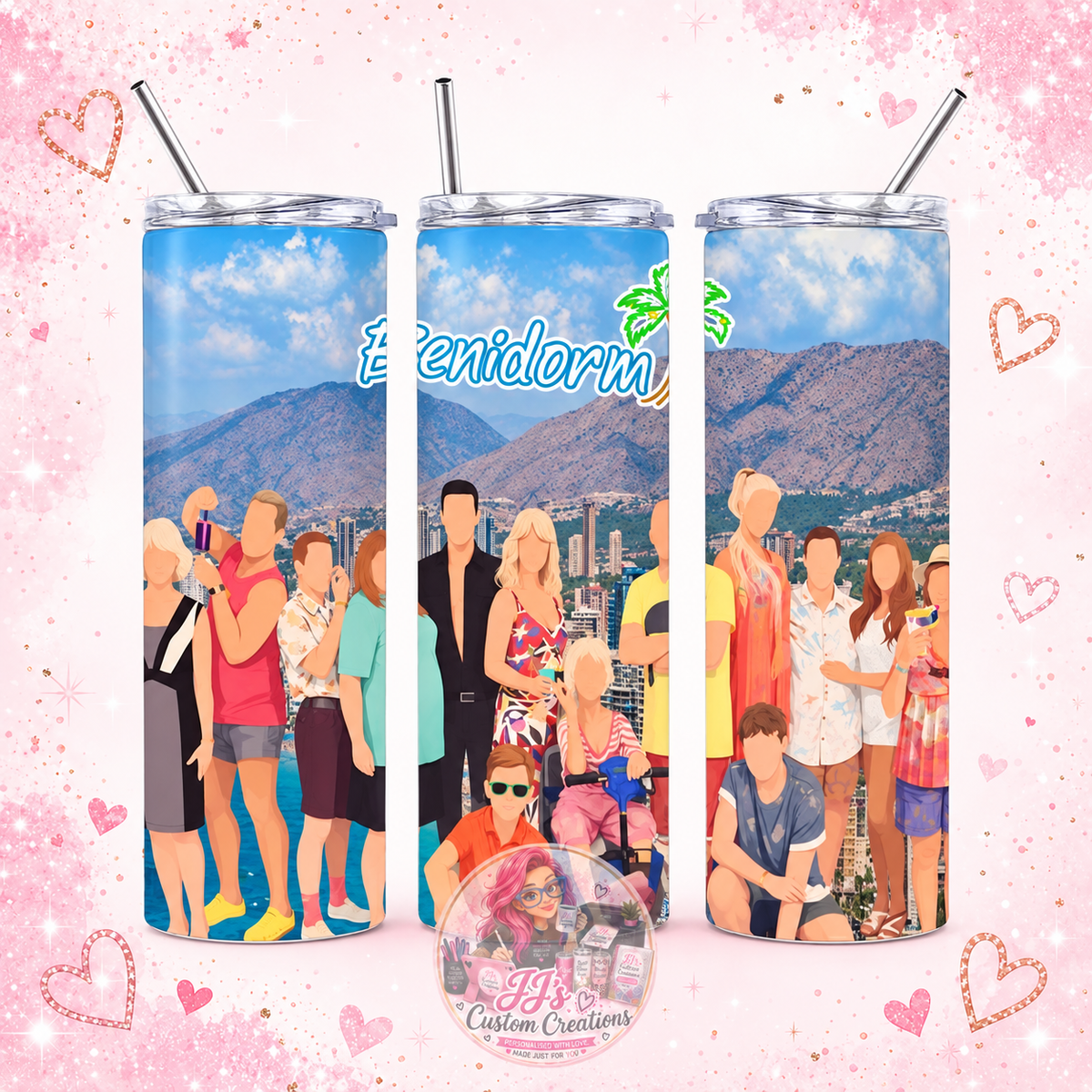 Benidorm 20oz tumbler on JJ's blush pink sparkle background