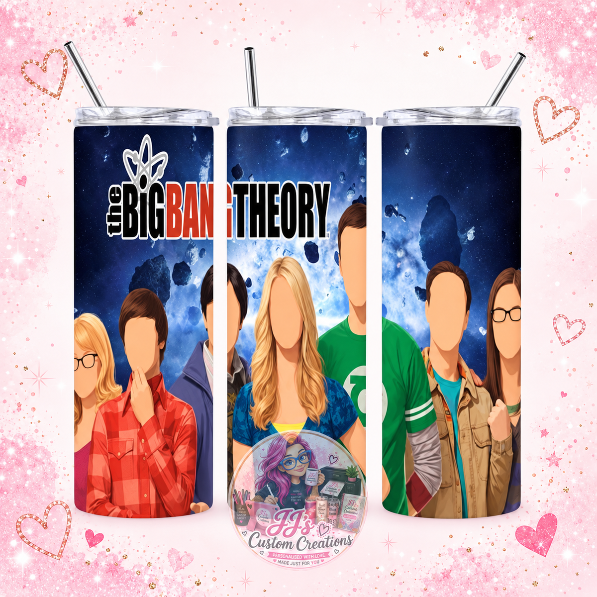 The Big Bang Theory 20oz tumbler on JJ's blush pink sparkle background