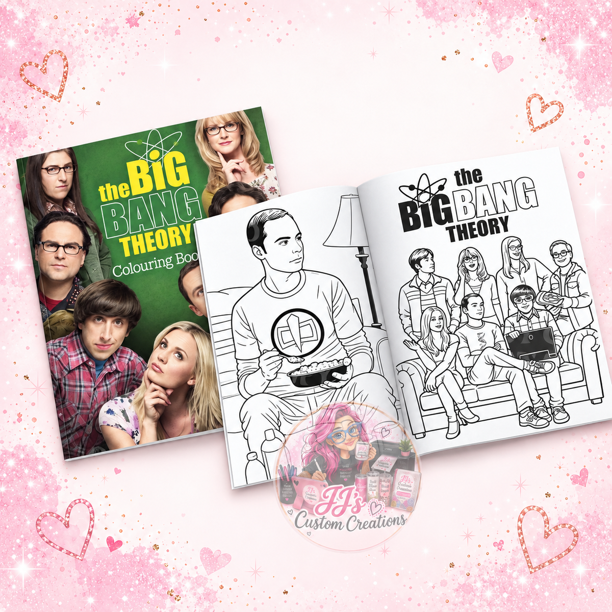 Big Bang Theory colouring book and sample pages on JJ's blush pink sparkle background