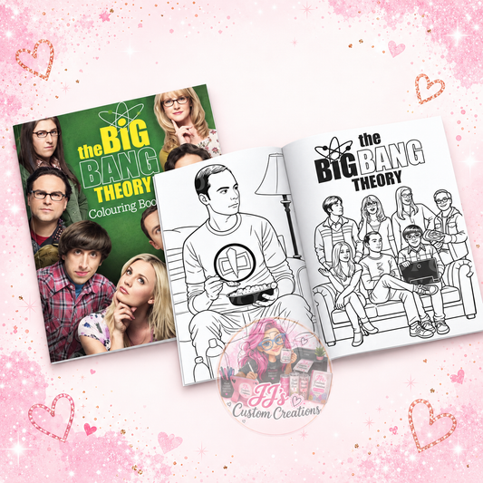 Big Bang Theory colouring book and sample pages on JJ's blush pink sparkle background