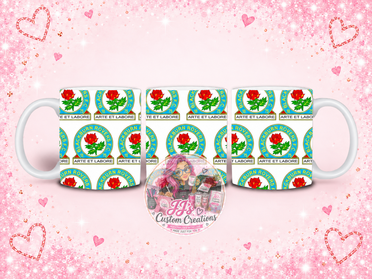 Blackburn Rovers FC football novelty mug on JJ’s blush pink sparkle background