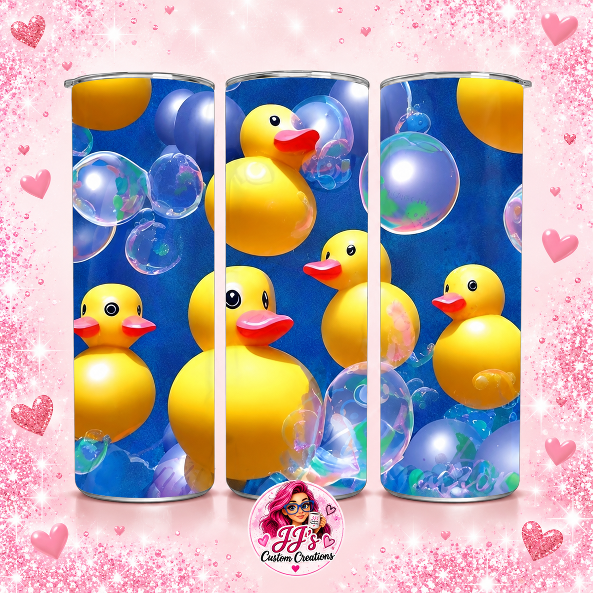 Blue rubber duck and bubble 20oz tumbler shown from three angles on a square pink sparkle background