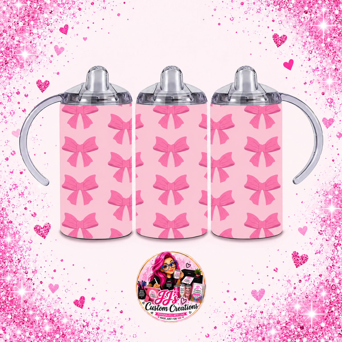 Bow-themed 12oz sippy tumbler on the approved light pink sparkle background