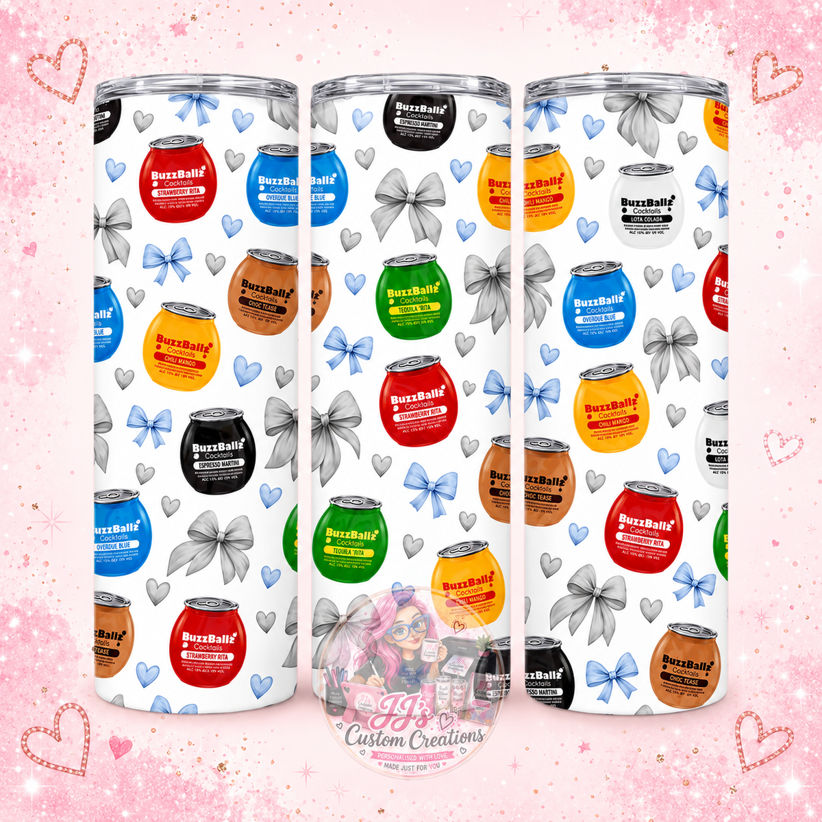 BuzzBallz-inspired 20oz tumbler on JJ's blush pink sparkle background