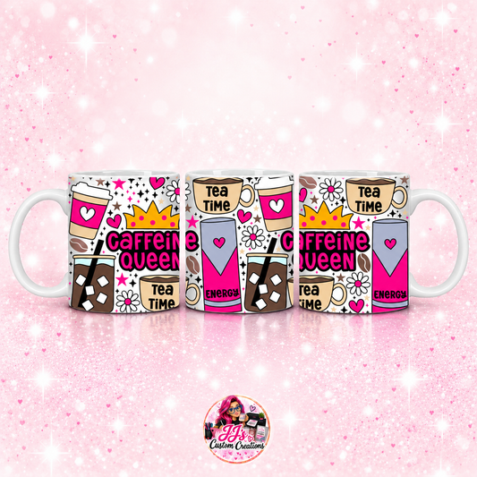 Caffeine Queen mug on JJ’s pale pink sparkle background with logo watermark