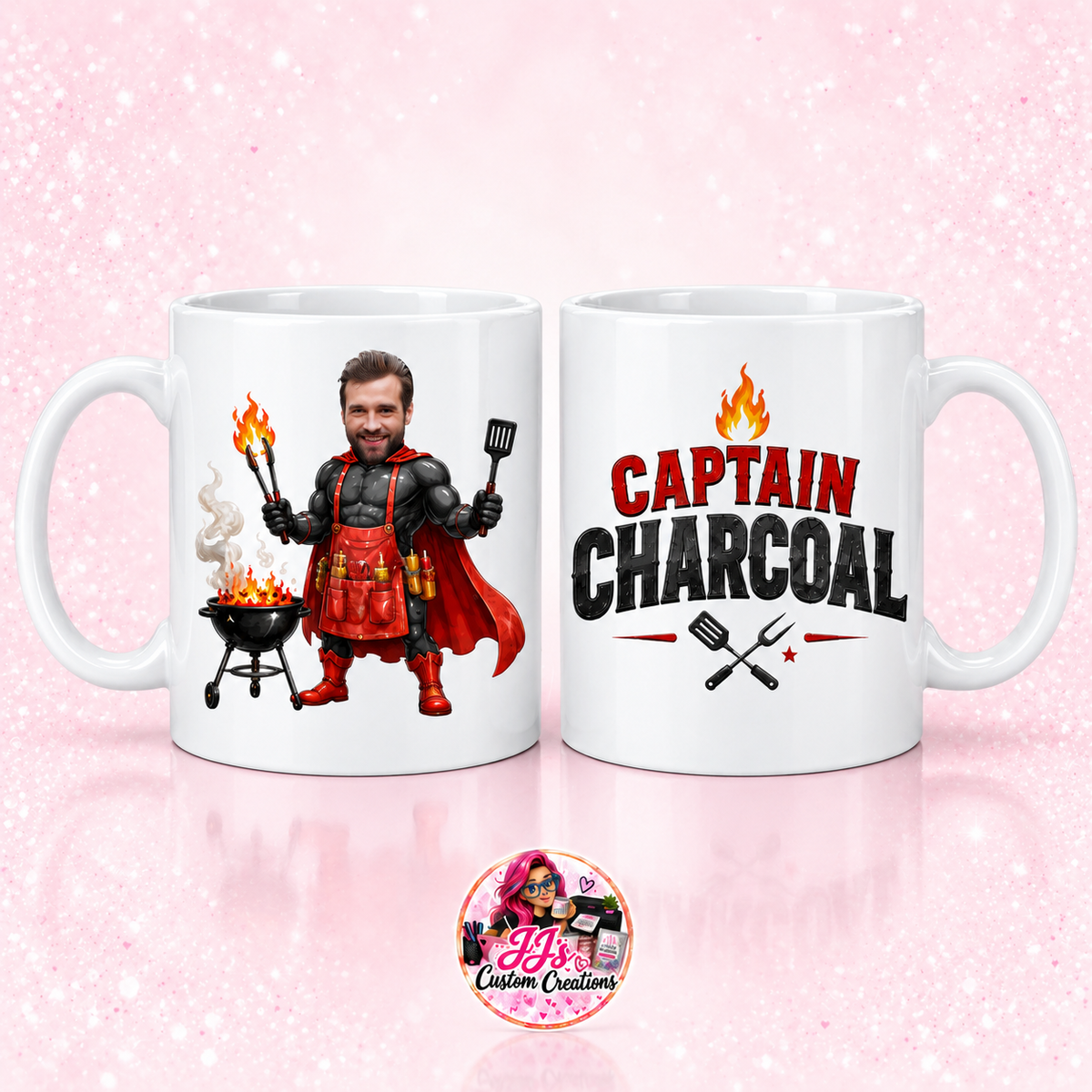 Personalised Captain Charcoal mug on a light pale blush background with JJ's Custom Creations pink-haired logo