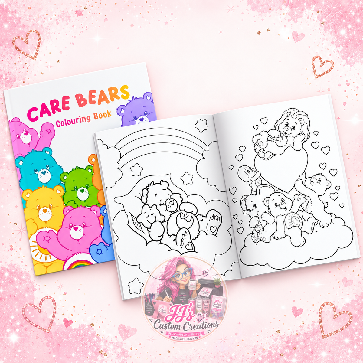 Care Bears colouring book and sample pages on JJ's blush pink sparkle background