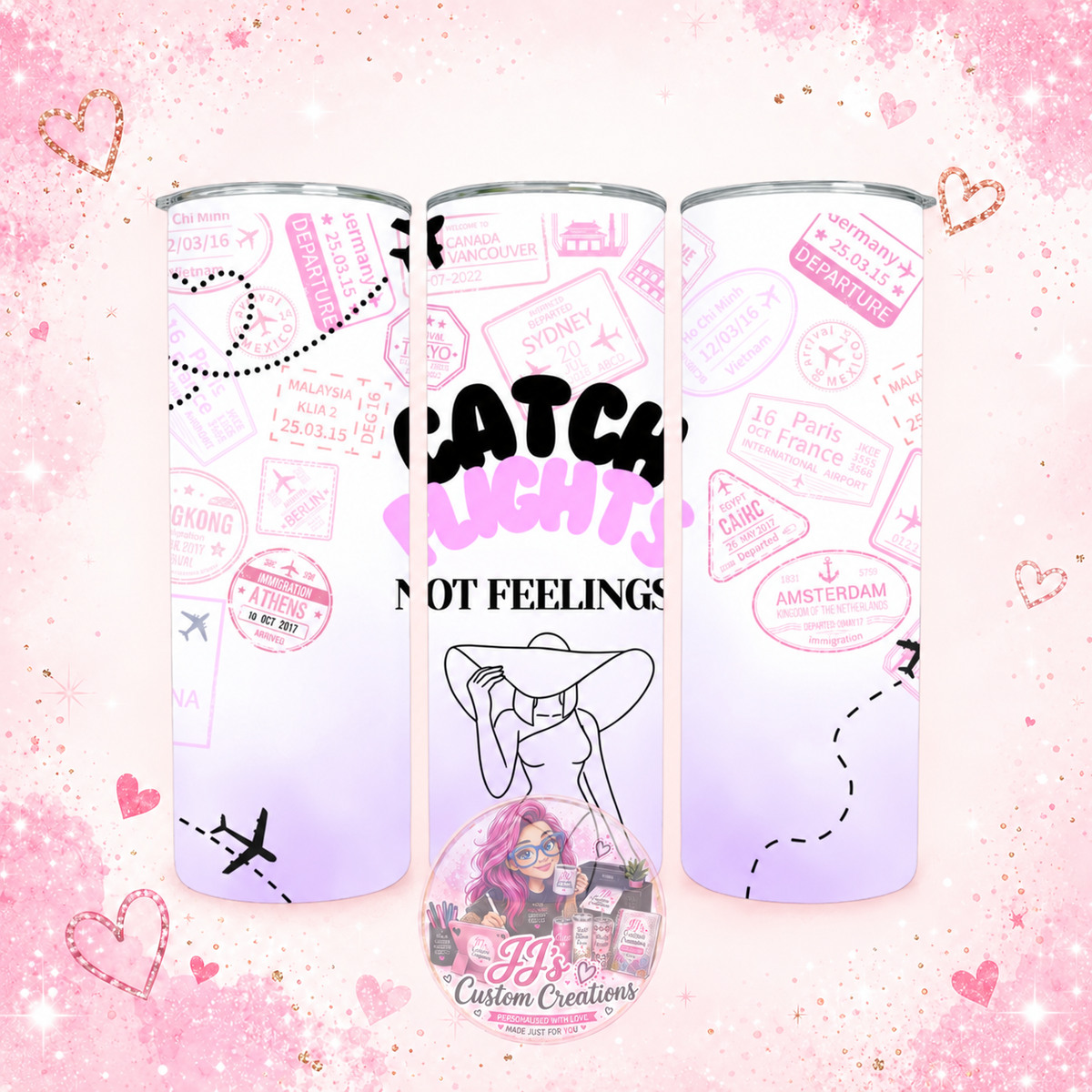 Catch Flights 20oz tumbler on JJ's blush pink sparkle background