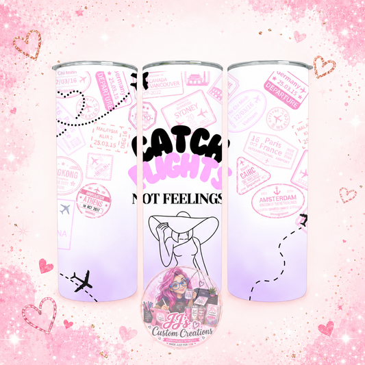 Catch Flights 20oz tumbler on JJ's blush pink sparkle background