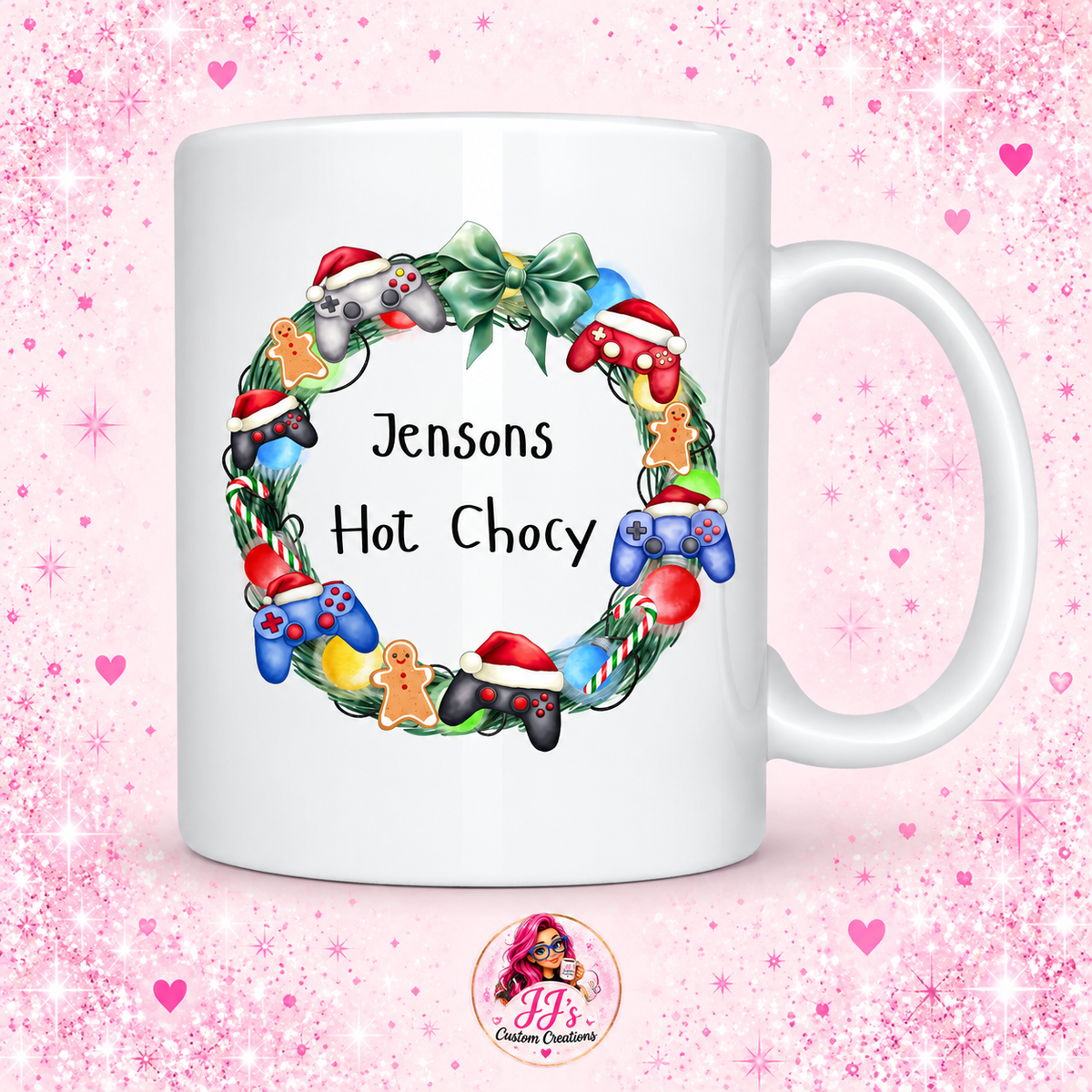 Christmas gaming mug with Jensons Hot Chocy design on a pink sparkle background