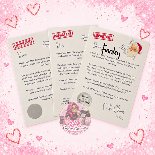 Personalised Christmas Nice List scratch cards on JJ’s blush pink sparkle background