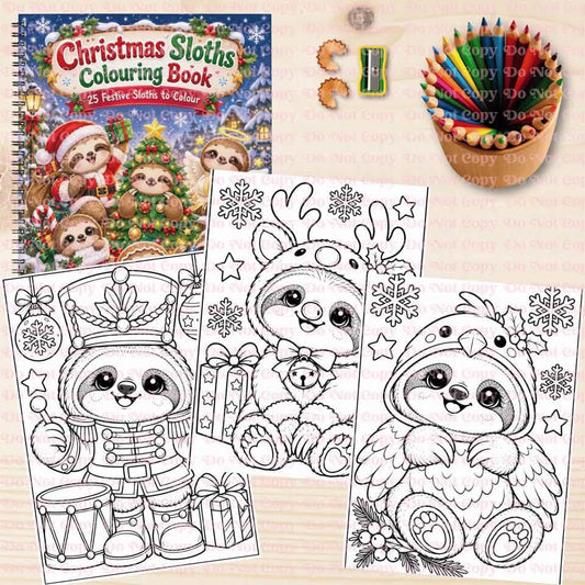 Christmas Sloths A4 spiral-bound colouring book with 25 festive pages
