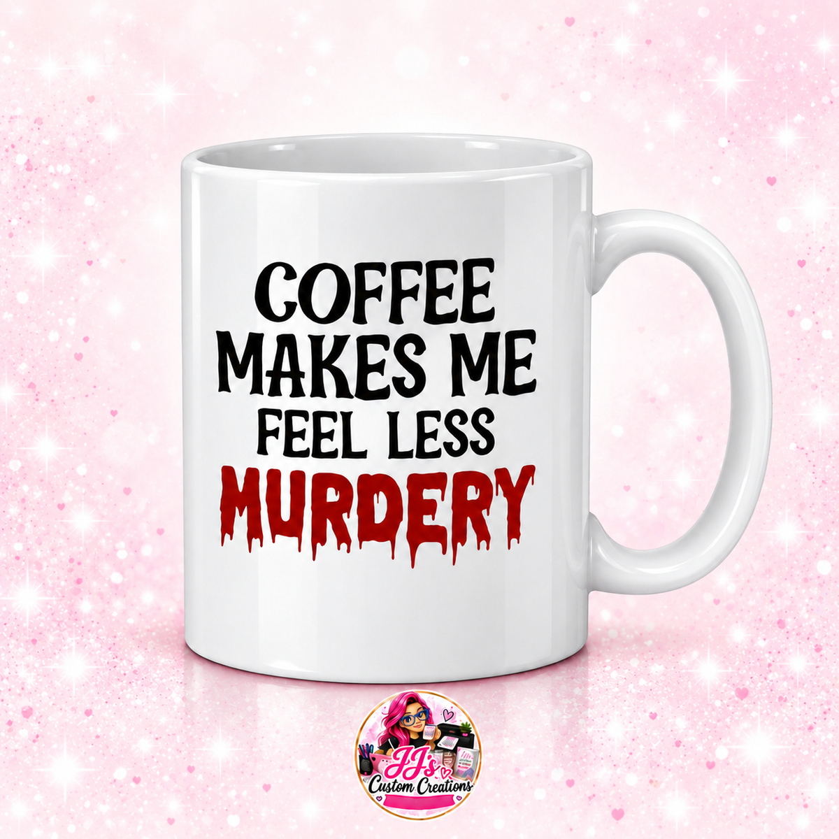 White Coffee Makes Me Feel Less Murdery mug on a light blush pink sparkle background
