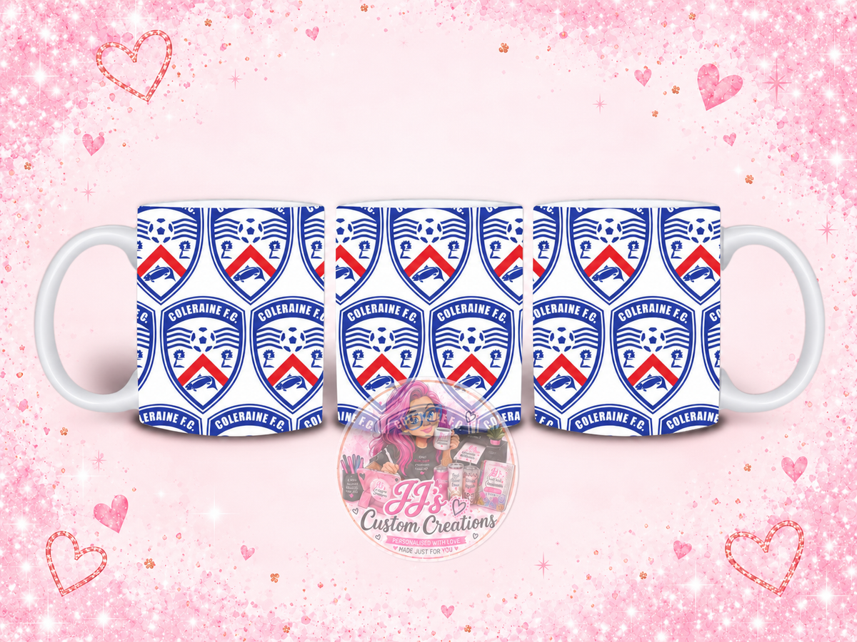 Coleraine FC football novelty mug on JJ’s blush pink sparkle background