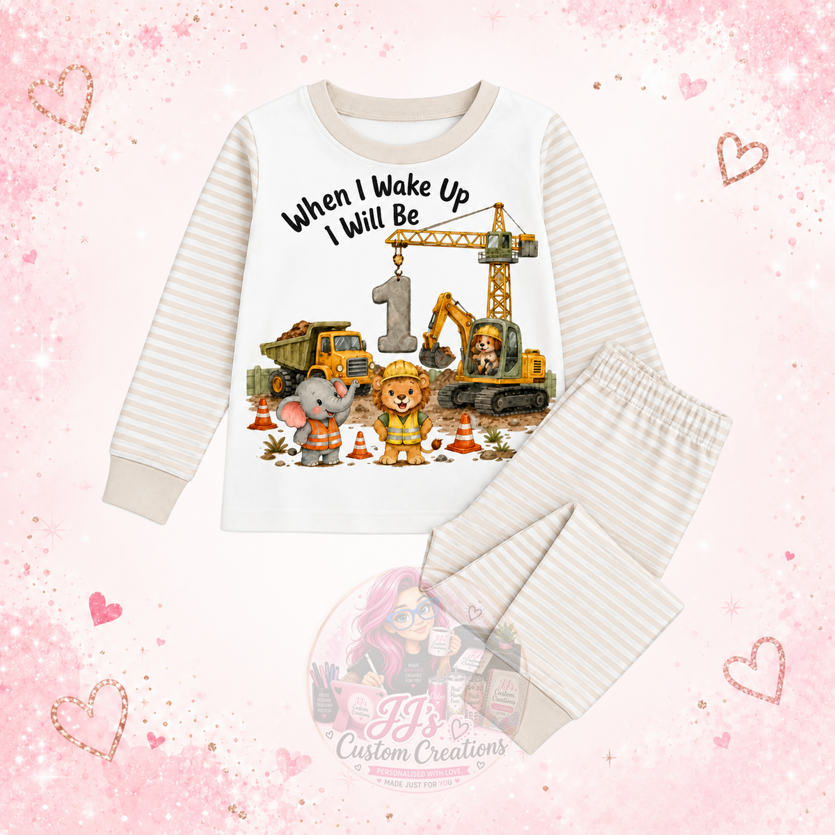 Personalised construction age 1 birthday pyjamas