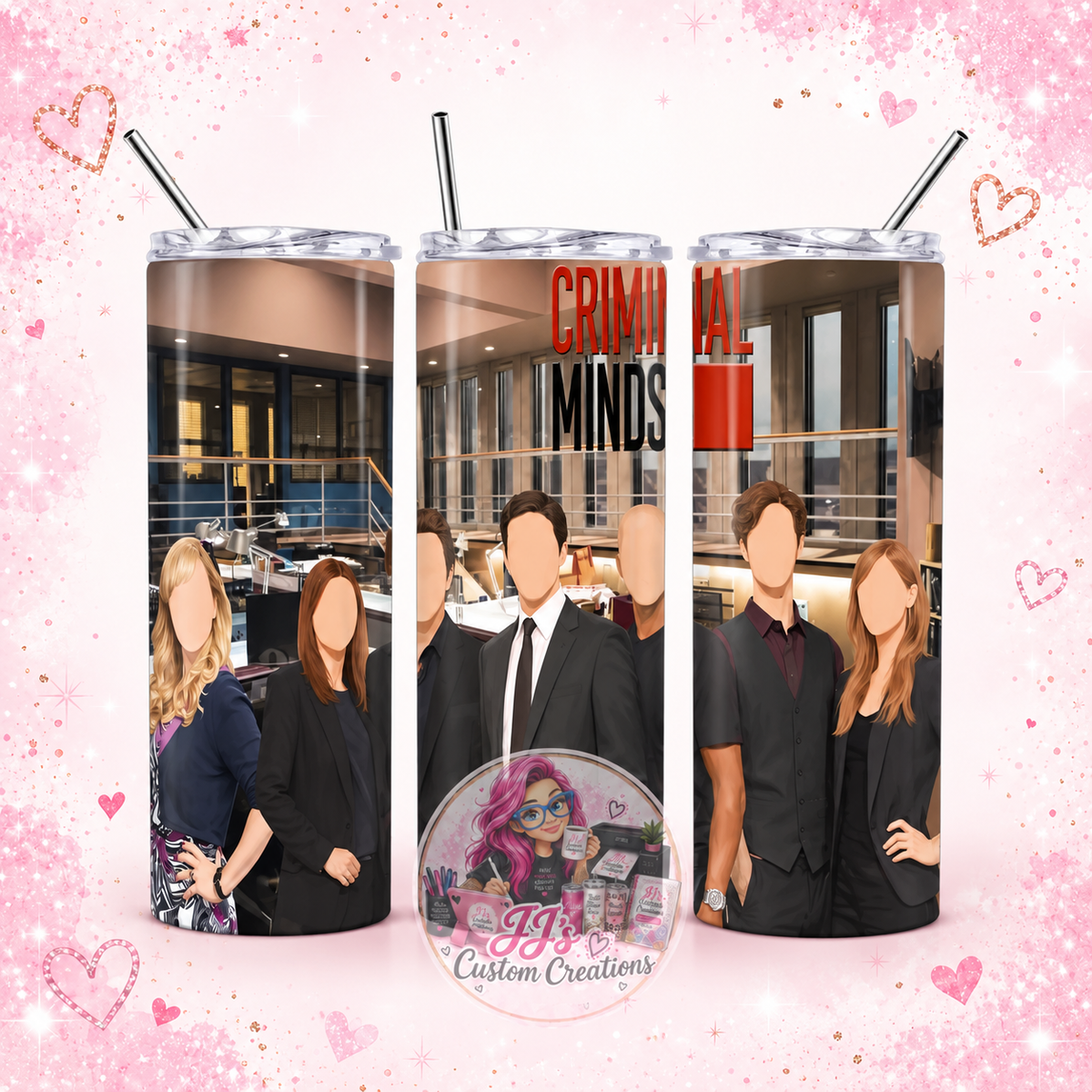Criminal Minds 20oz tumbler on JJ's blush pink sparkle background