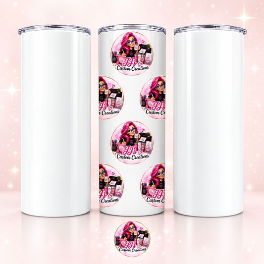 Custom 20oz tumbler mockup with two blank tumblers and one sample design on a light blush sparkle background