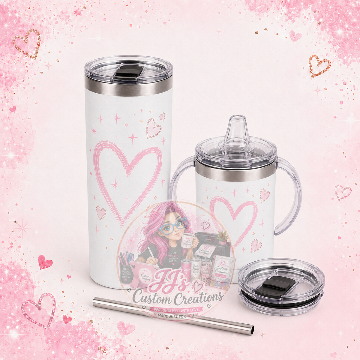 Matching straight 20oz tumbler and 12oz handled sippy tumbler bundle with JJ’s Custom Creations watermark