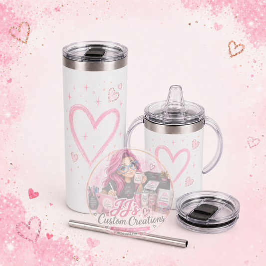 Matching straight 20oz tumbler and 12oz handled sippy tumbler bundle with JJ’s Custom Creations watermark
