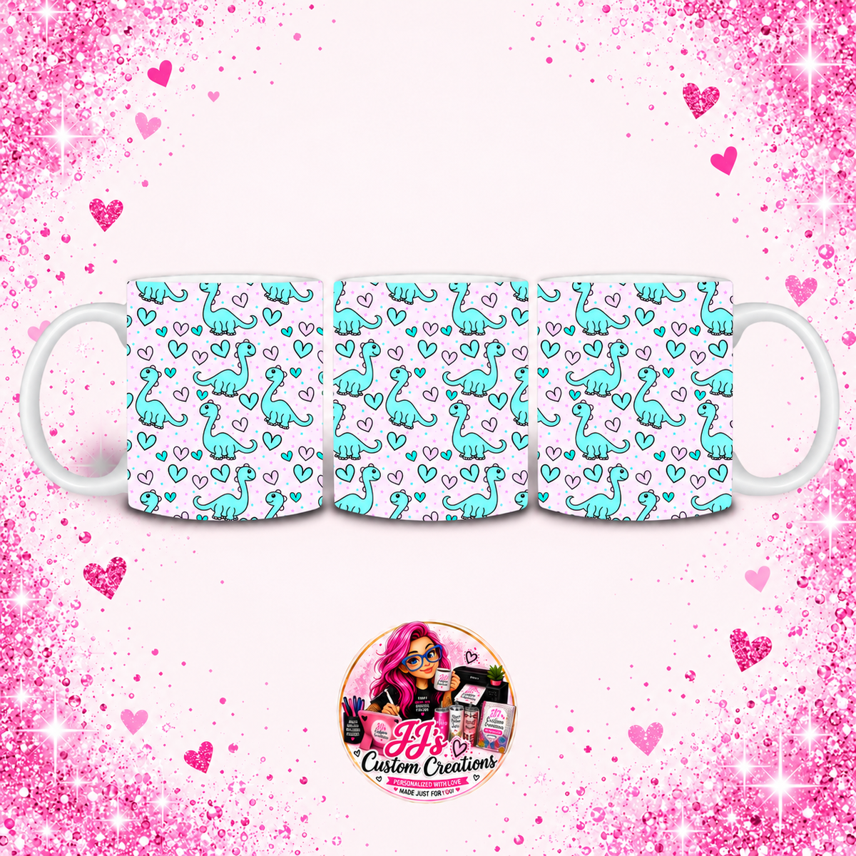 Cute Dinosaur Mug on JJ's Custom Creations pink sparkle background