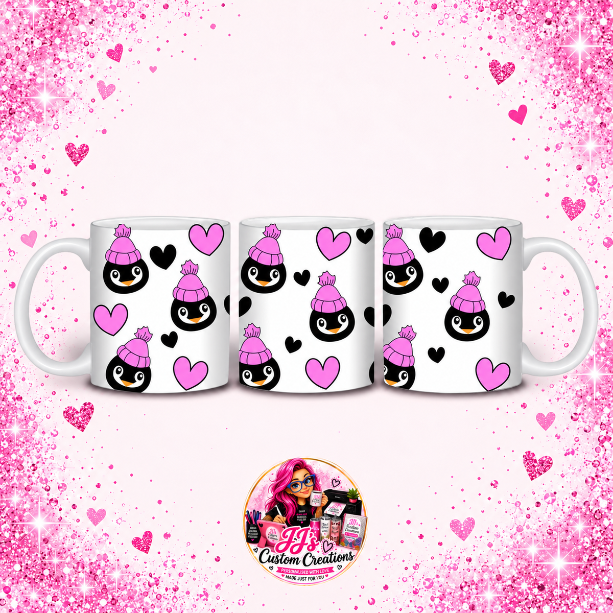 Cute Penguin Mug on JJ's Custom Creations pink sparkle background
