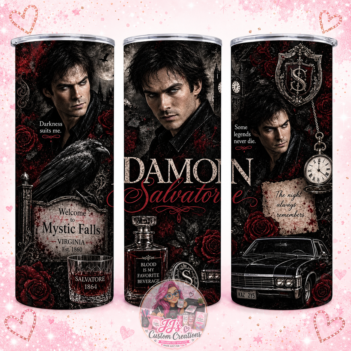 Damon-inspired 20oz tumbler on JJ's blush pink sparkle background