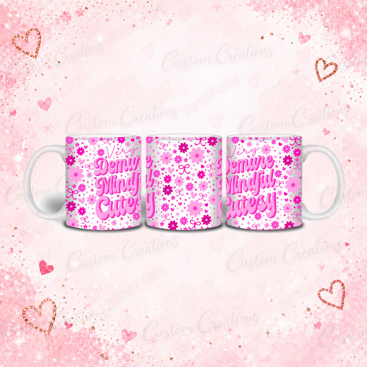 Demure Mug | Funny Trend Gift – original three-view mock-up on supplied pink sparkle background