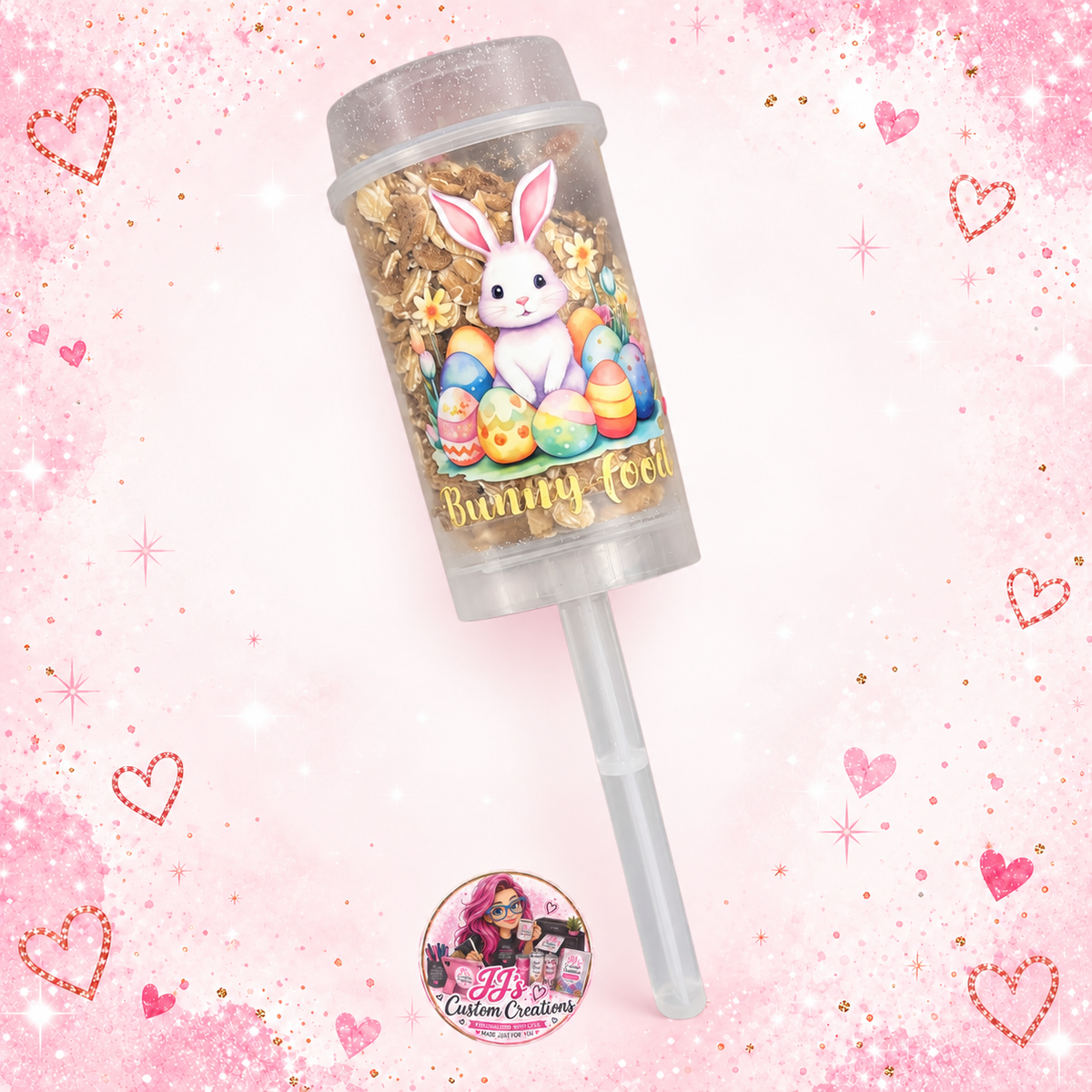 Filled Easter Bunny Food Popper on pink sparkle background with JJ's watermark