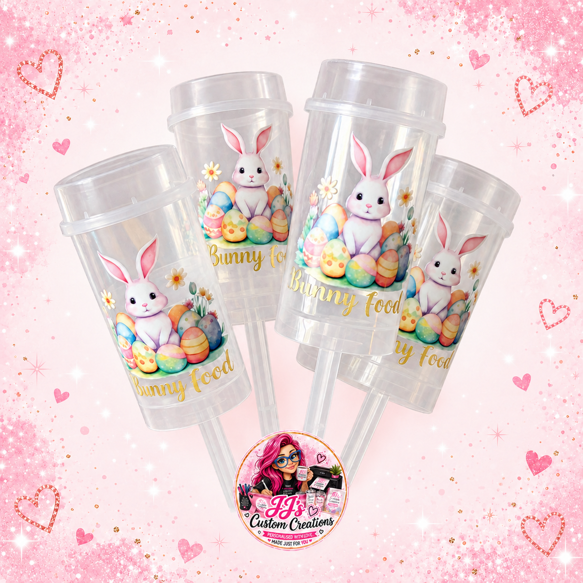 Four Easter Bunny Food Popper tubes on a full square pale pink sparkle background with JJ's watermark