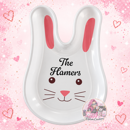 Personalised The Hamers bunny treat plate on pale pink sparkle background with JJ's watermark