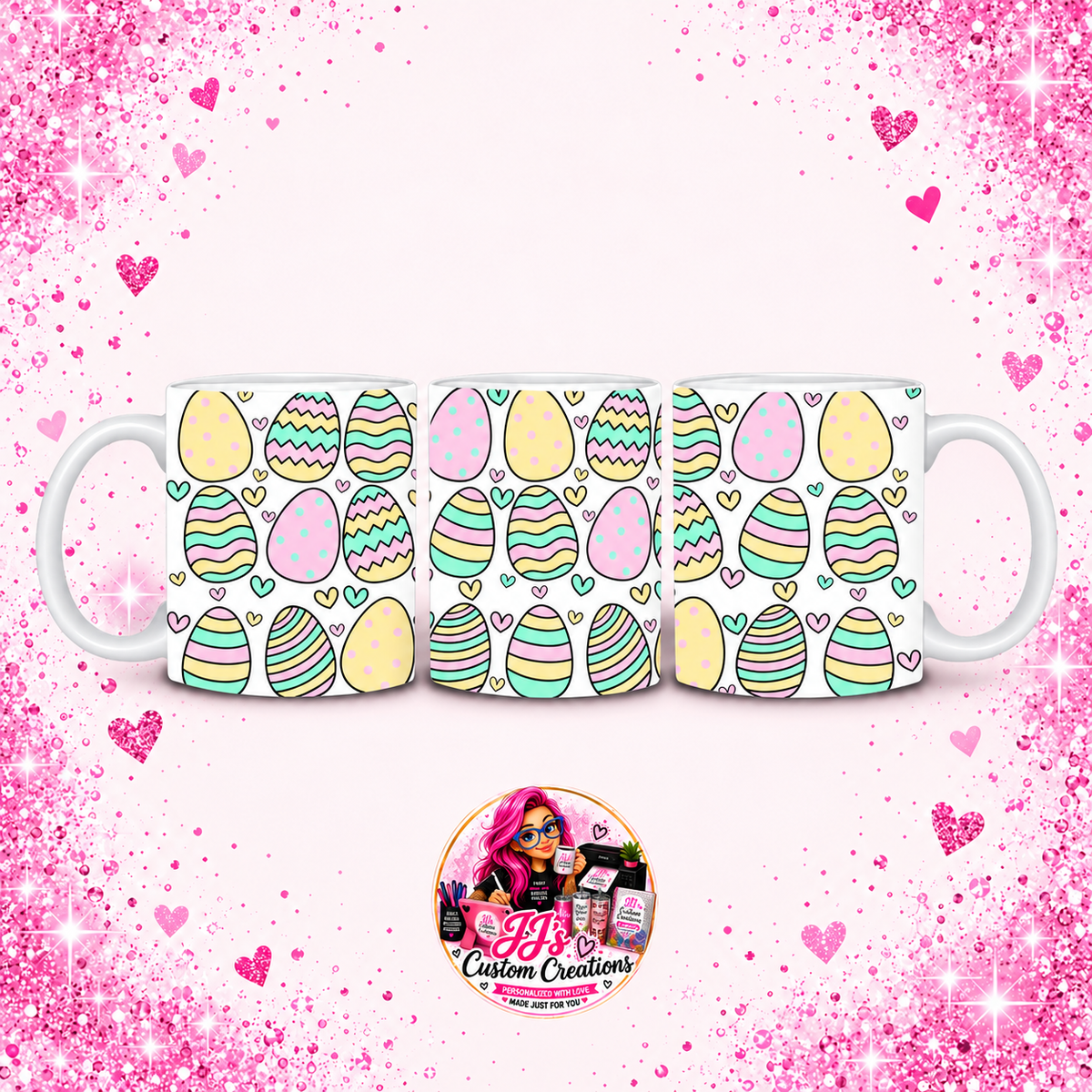 Easter Egg Mug on JJ's Custom Creations pink sparkle background