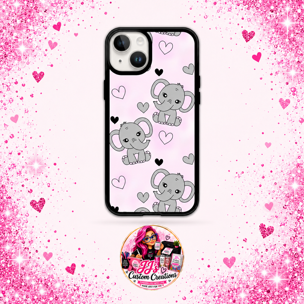 Elephant phone case on JJ's square pink sparkle background