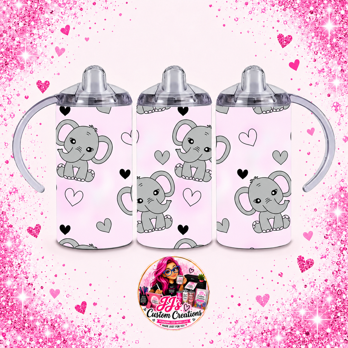 Elephant 12oz sippy tumbler on the approved light pink sparkle background