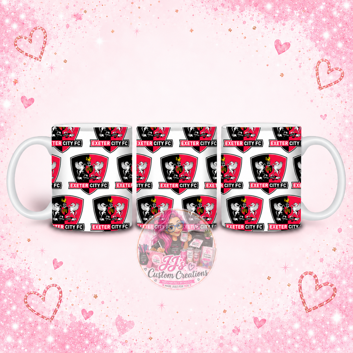 Exeter City FC football novelty mug on JJ’s blush pink sparkle background