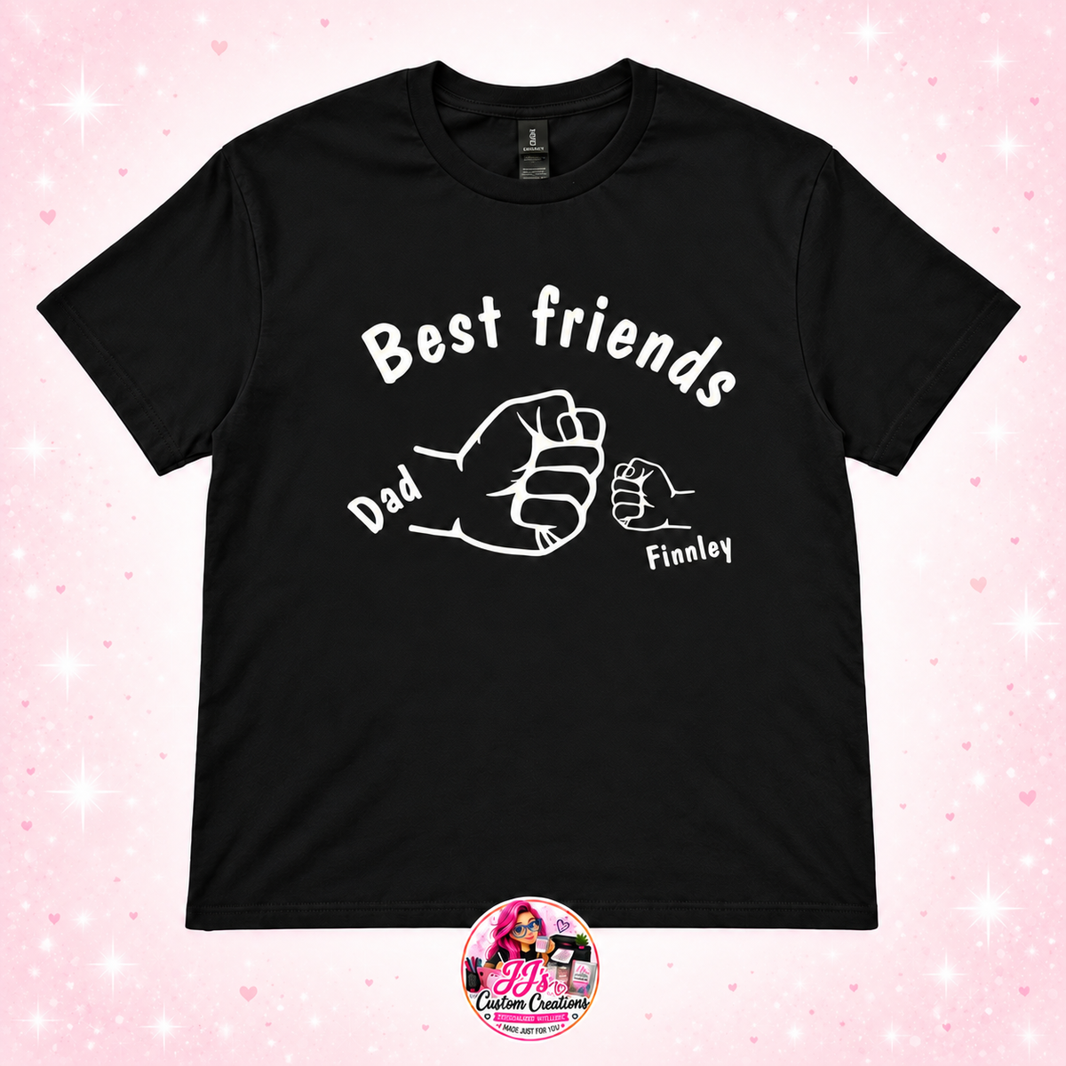 Black Best Friends fist bump T-shirt with Dad and Finnley on a light blush sparkle background