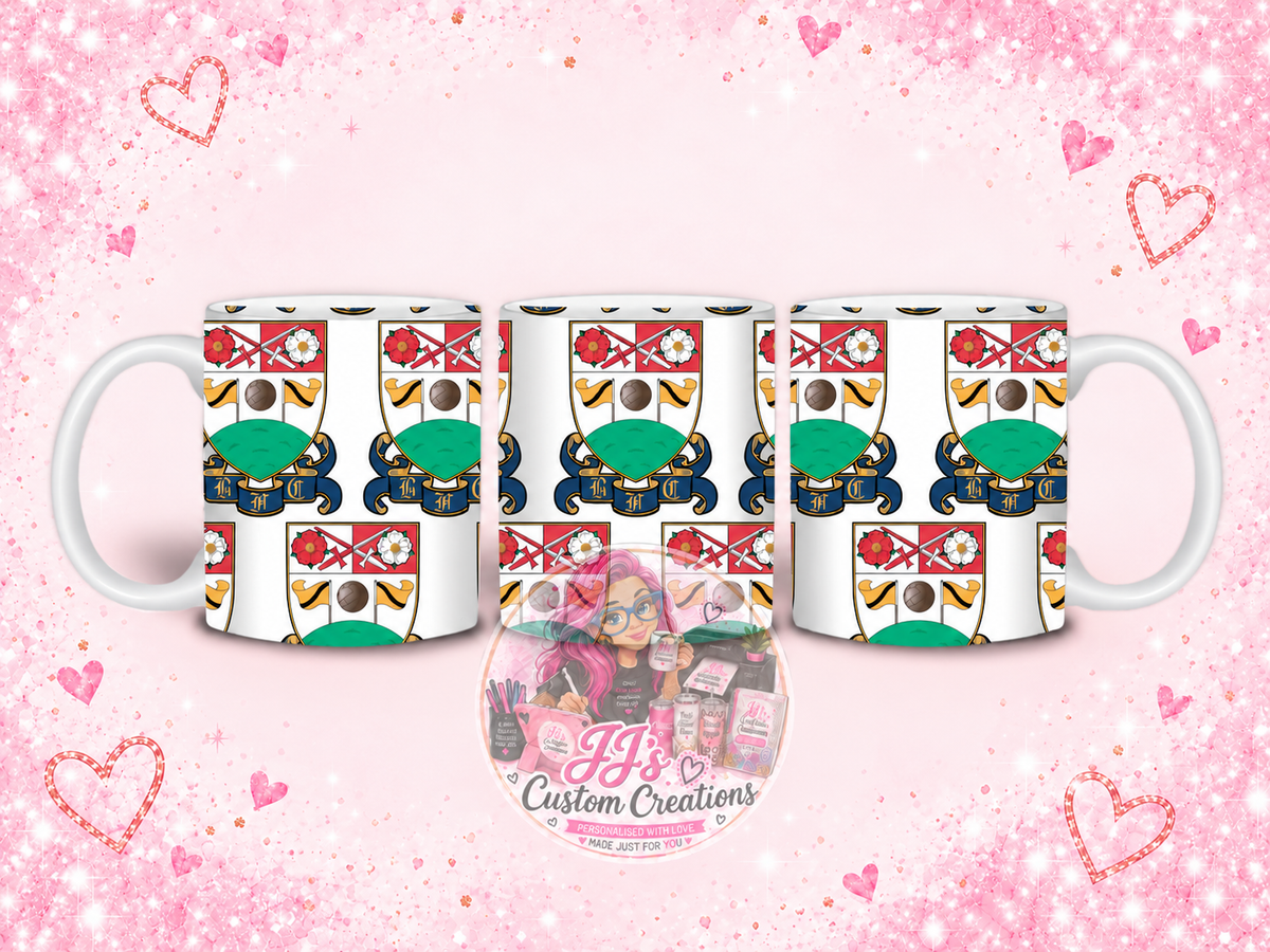 Football club crest novelty mug on JJ’s blush pink sparkle background