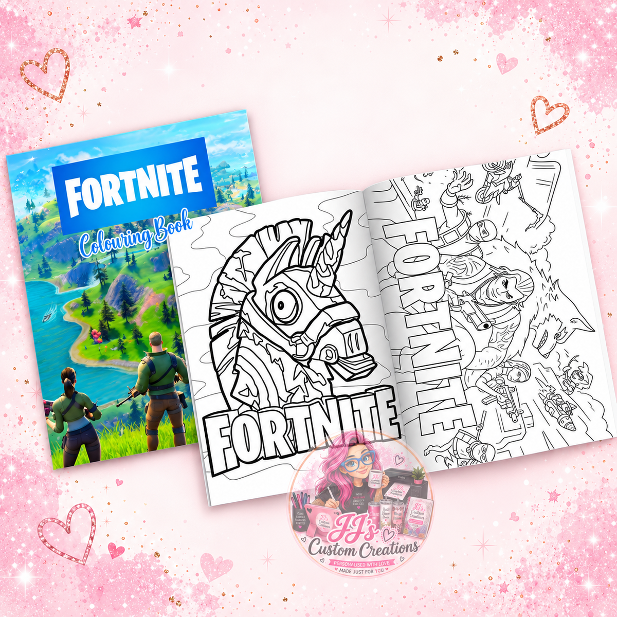 Fortnite-inspired colouring book and sample pages on JJ's blush pink sparkle background