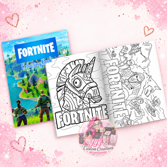 Fortnite-inspired colouring book and sample pages on JJ's blush pink sparkle background