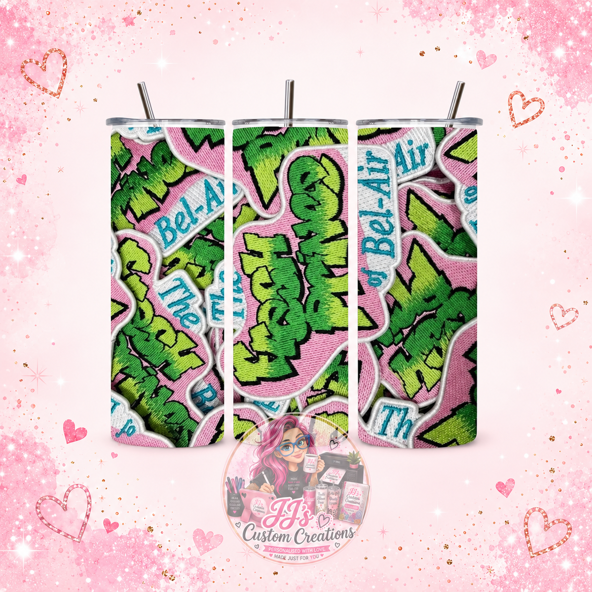 Fresh Prince-inspired 20oz tumbler on JJ's blush pink sparkle background