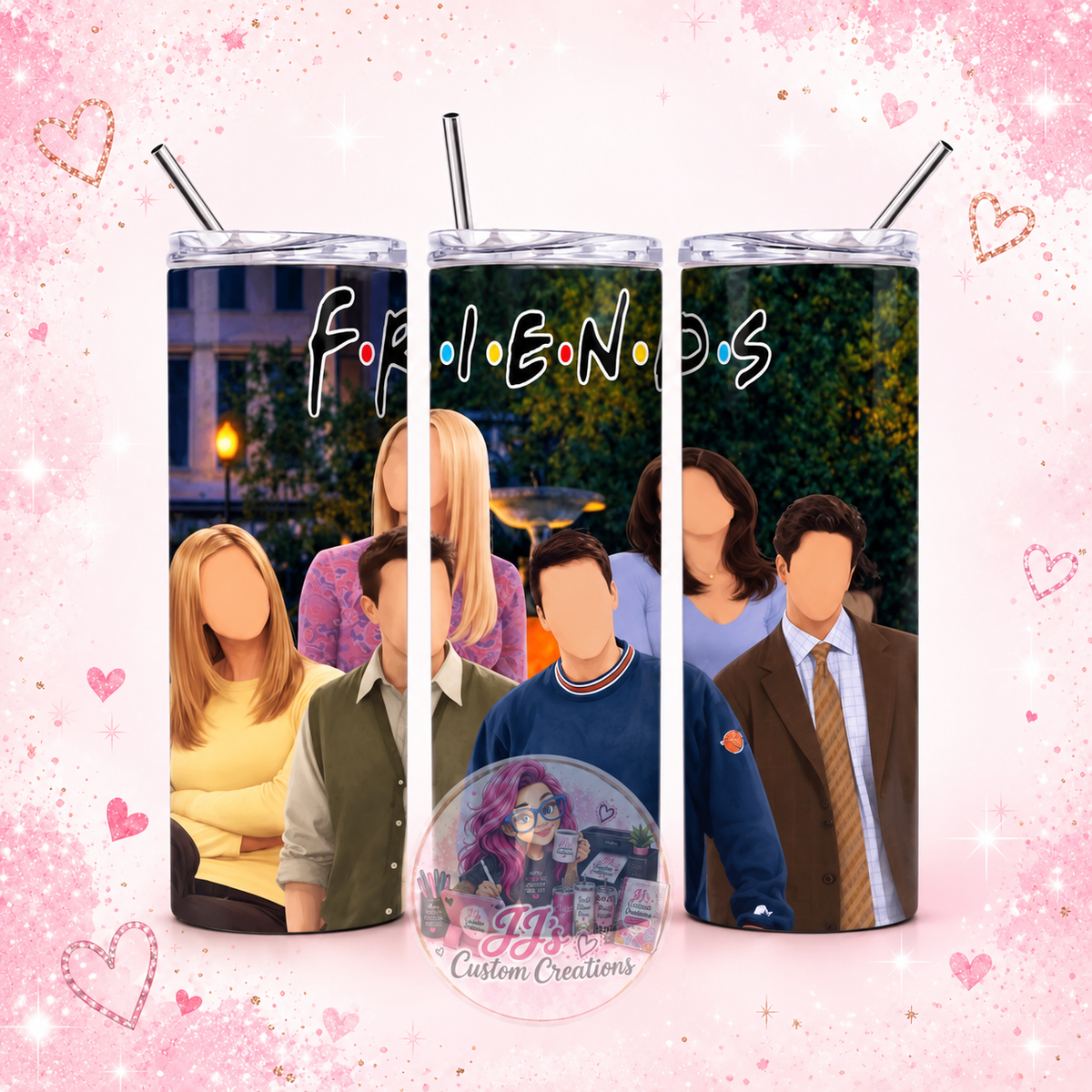 Friends 20oz tumbler on JJ's blush pink sparkle background