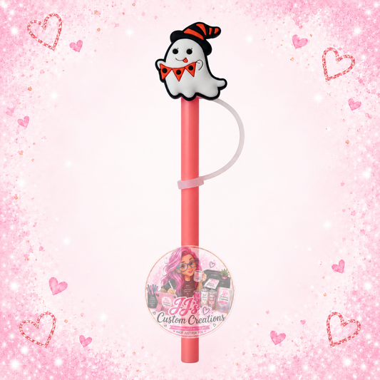 Ghost straw topper with pink straw on JJ’s blush pink sparkle background