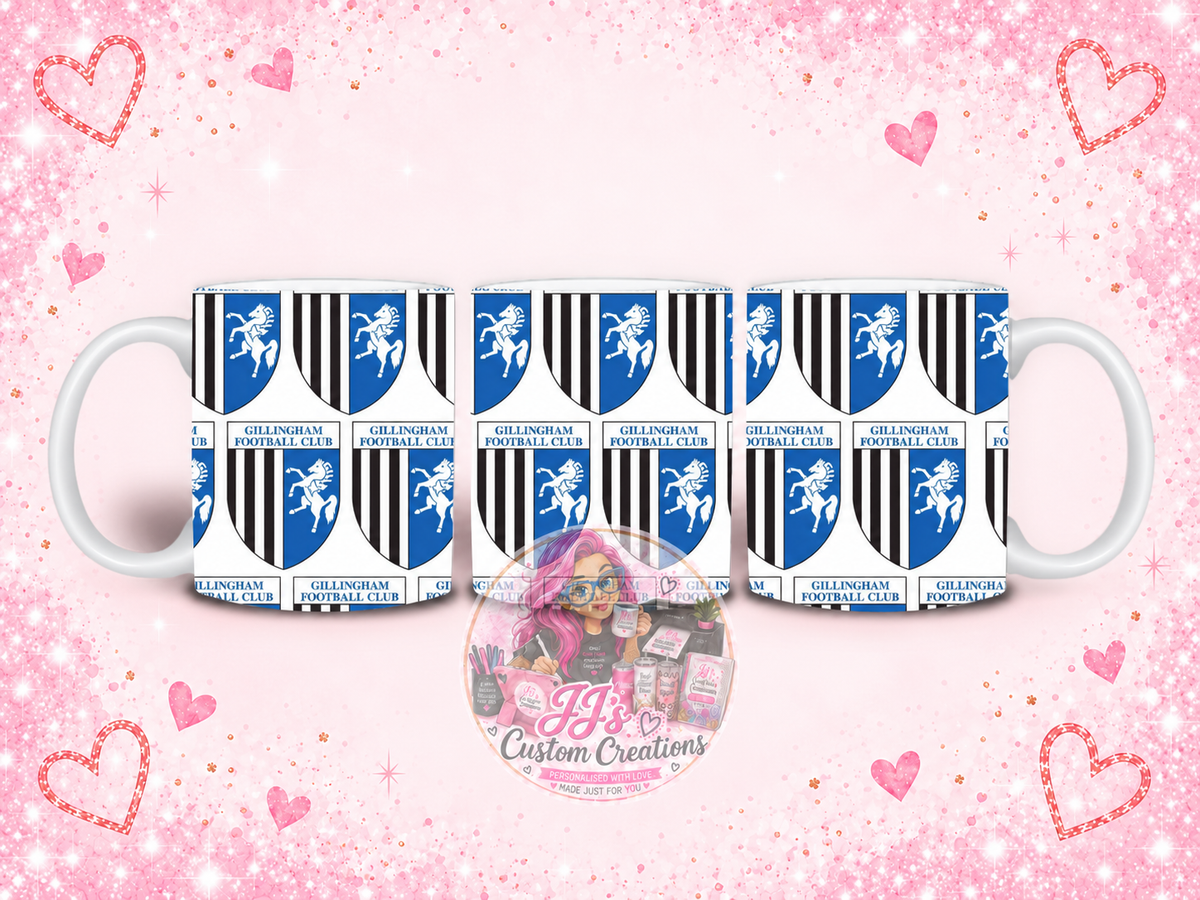 Gillingham Football Club novelty mug on JJ’s blush pink sparkle background