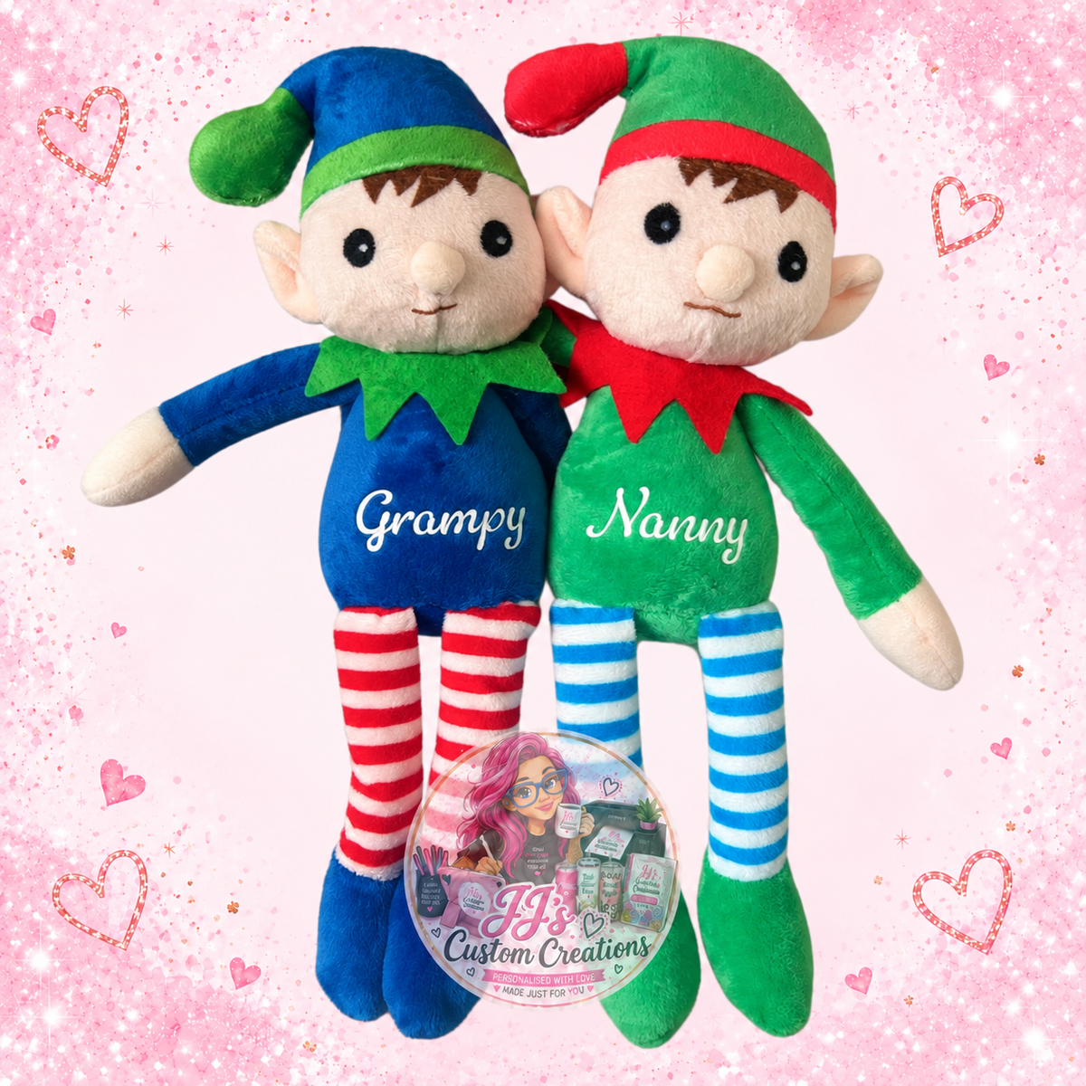 Grampy and Nanny personalised plush elves on JJ’s blush pink sparkle background