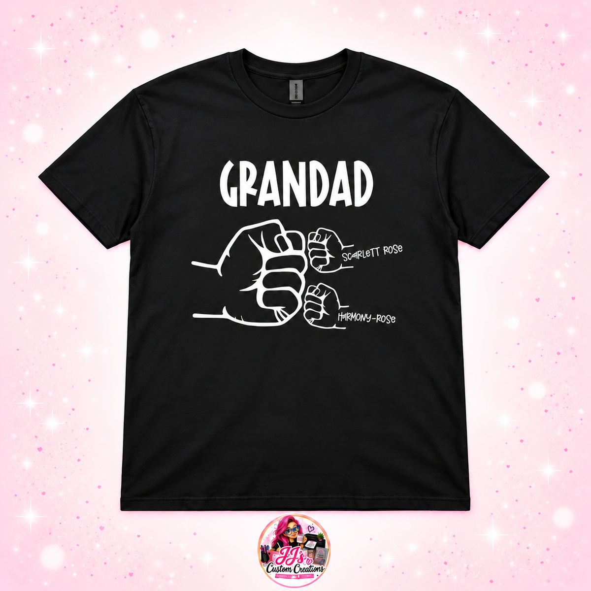 Black Grandad fist bump T-shirt with Scarlett Rose and Harmony-Rose on a light blush sparkle background