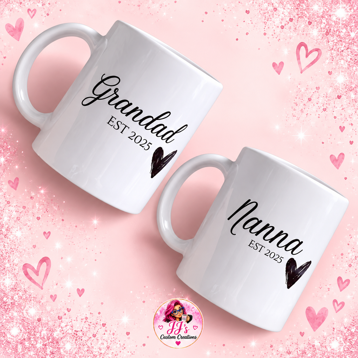 Grandad and Nanna EST 2025 personalised mugs on a square pink sparkle background