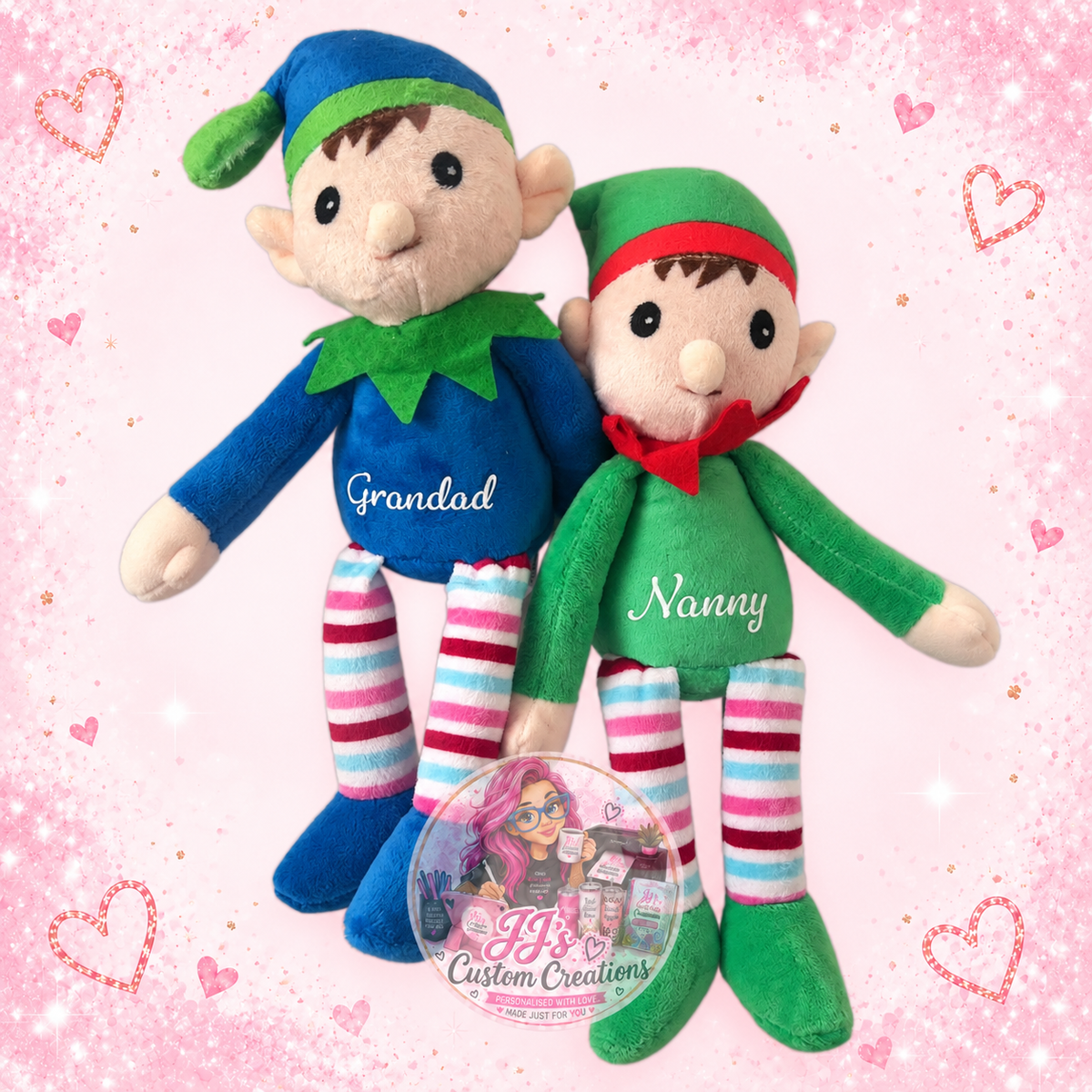 Grandad and Nanny personalised plush elves on JJ’s blush pink sparkle background