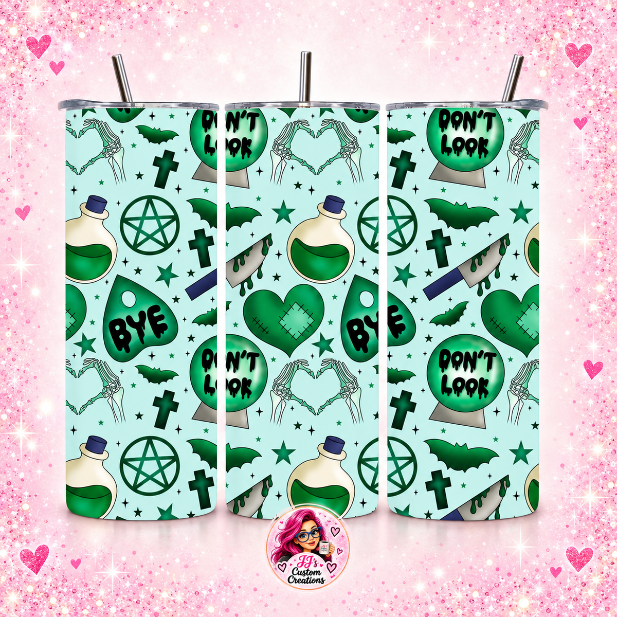Green witchy 20oz tumbler on a square pink sparkle background with JJ's Custom Creations watermark